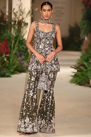Lush Green Tulle Applique Embellished Sharara Set by Aisha Rao