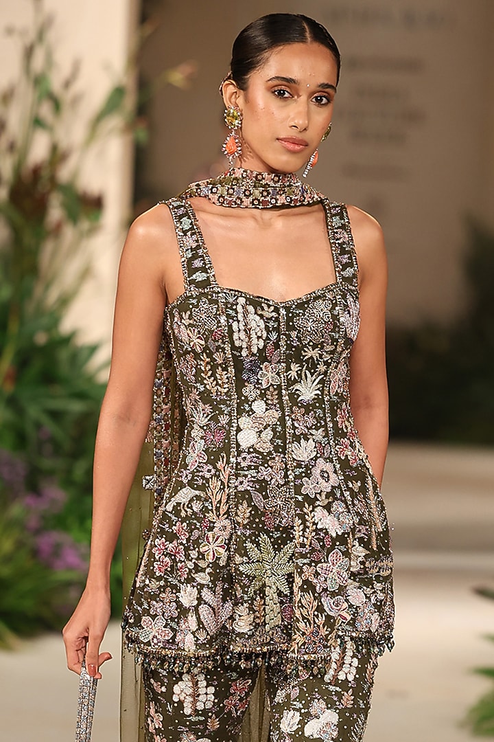 Lush Green Tulle Applique Embellished Bridal Sharara Set by Aisha Rao at Pernia's Pop Up Shop