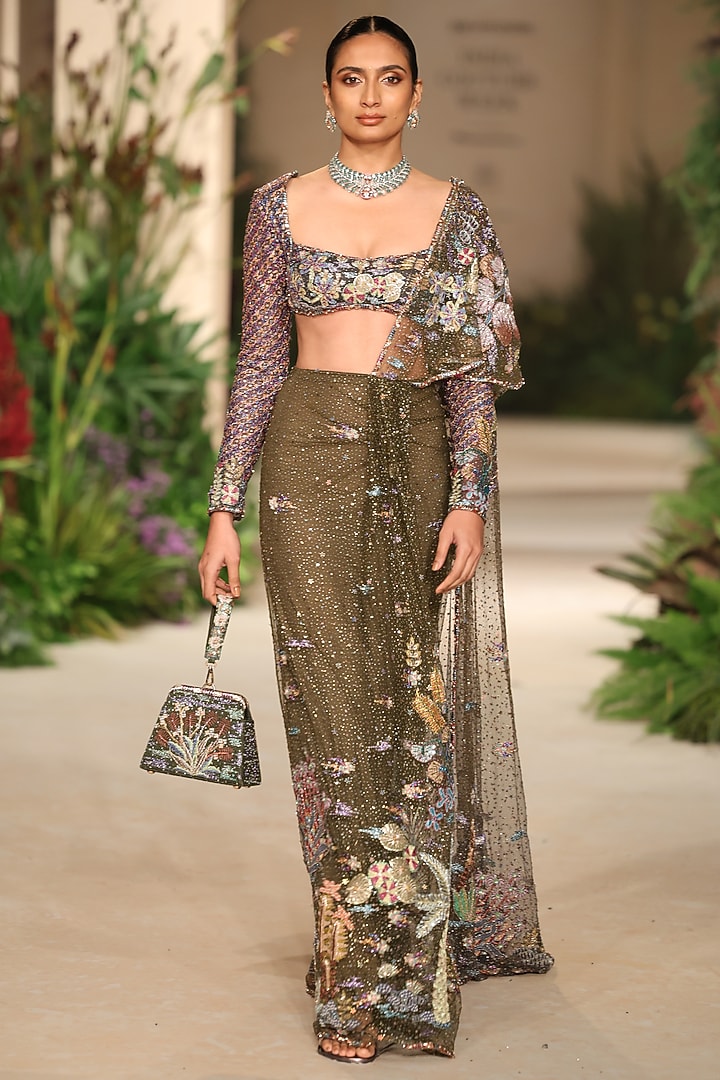 Lush Green & Gunmetal Grey Shimmer Tulle Draped Bridal Saree Set by Aisha Rao at Pernia's Pop Up Shop