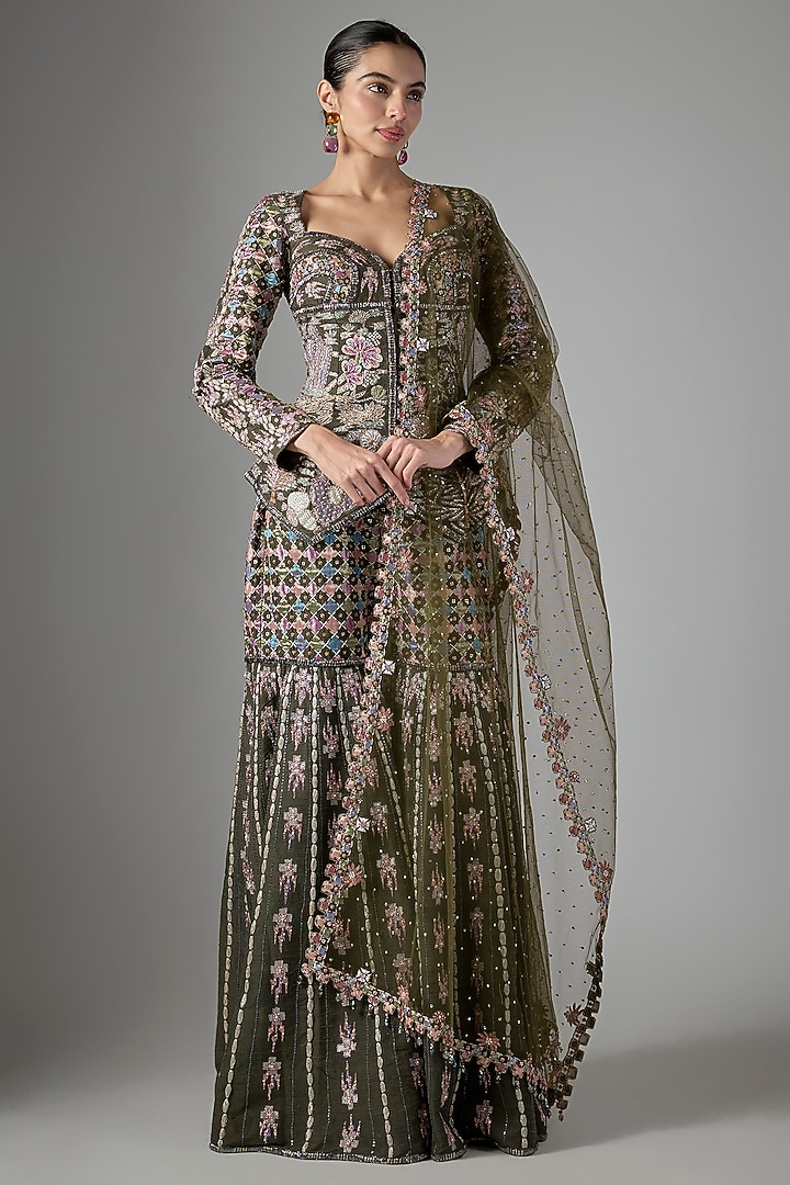Lush Green Raw Silk Gharara Set by Aisha Rao at Pernia's Pop Up Shop