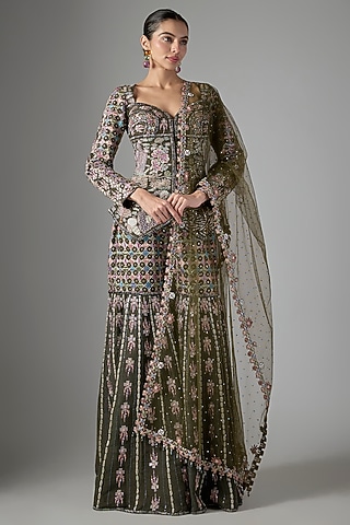 Lush Green Raw Silk Gharara Set by Aisha Rao