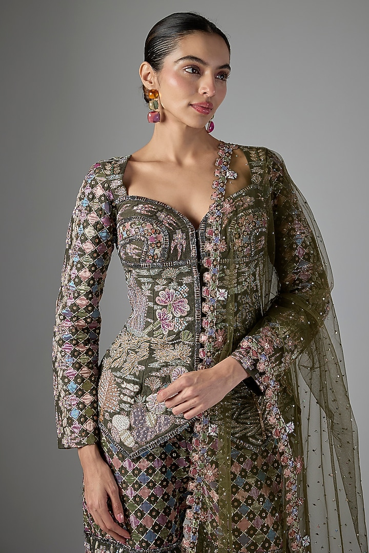 Lush Green Raw Silk Gharara Set by Aisha Rao at Pernia's Pop Up Shop