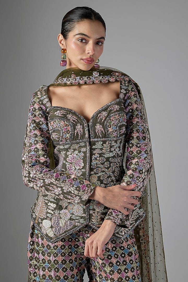 Lush Green Raw Silk Gharara Set by Aisha Rao at Pernia's Pop Up Shop
