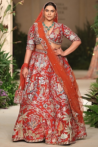 Rust Raw Silk Applique Embellished Lehenga Set by Aisha Rao