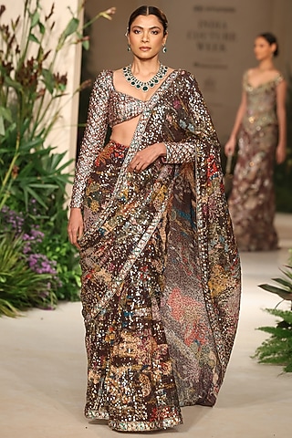 Teakberry-Colored Sequins Georgette Printed Saree Set by Aisha Rao