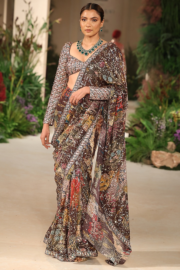 Teakberry-Colored Sequins Georgette Printed Bridal Saree Set by Aisha Rao at Pernia's Pop Up Shop
