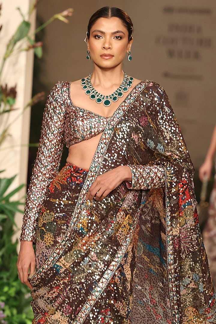 Teakberry-Colored Sequins Georgette Printed Bridal Saree Set by Aisha Rao at Pernia's Pop Up Shop