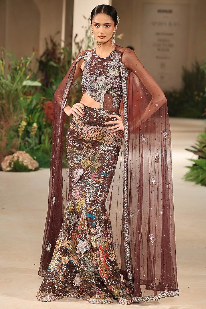 Teakberry Sequins Georgette Applique Embellished Cape Bridal Gown by Aisha Rao at Pernia's Pop Up Shop