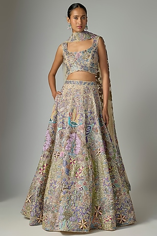 Sanstone Tulle Embellished Lehenga Set by Aisha Rao