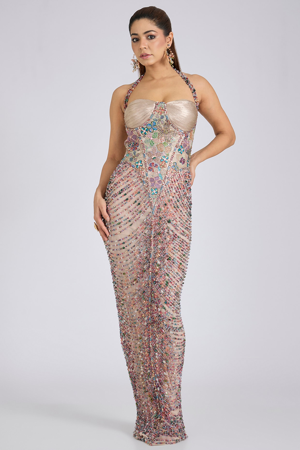 Aisha Rao Champagne Banarasi Tissue Brocade Embellished Off-Shoulder Gown