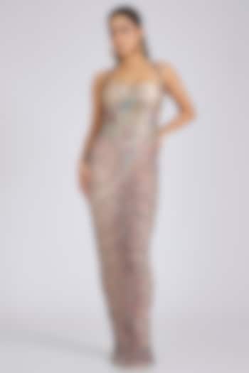 Champagne Banarasi Tissue Brocade Embellished Off-Shoulder Bridal Gown by Aisha Rao at Pernia's Pop Up Shop