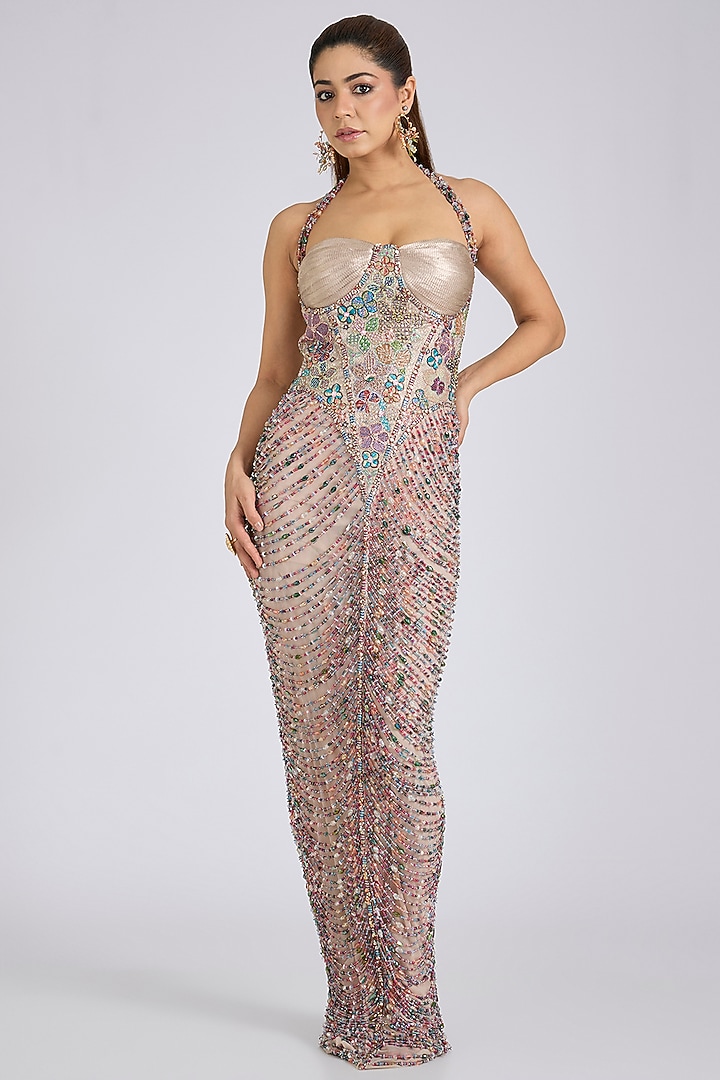 Champagne Banarasi Tissue Brocade Embellished Off-Shoulder Bridal Gown by Aisha Rao at Pernia's Pop Up Shop