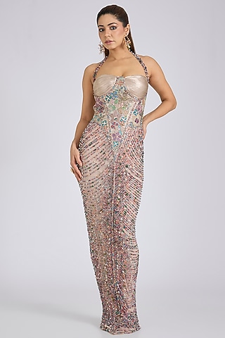 Champagne Banarasi Tissue Brocade Embellished Off-Shoulder Gown by Aisha Rao