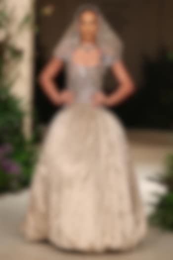 Champange Banarasi Tissue Brocade Embellished Corset Bridal Gown by Aisha Rao at Pernia's Pop Up Shop