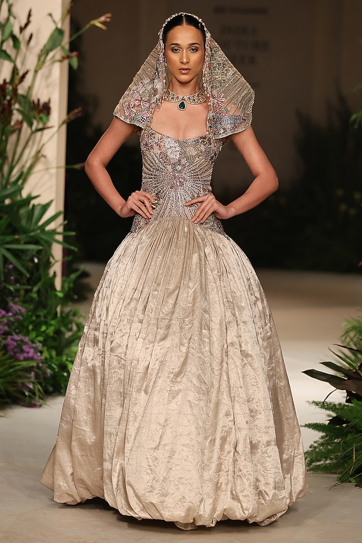 Champange Banarasi Tissue Brocade Embellished Corset Bridal Gown by Aisha Rao at Pernia's Pop Up Shop
