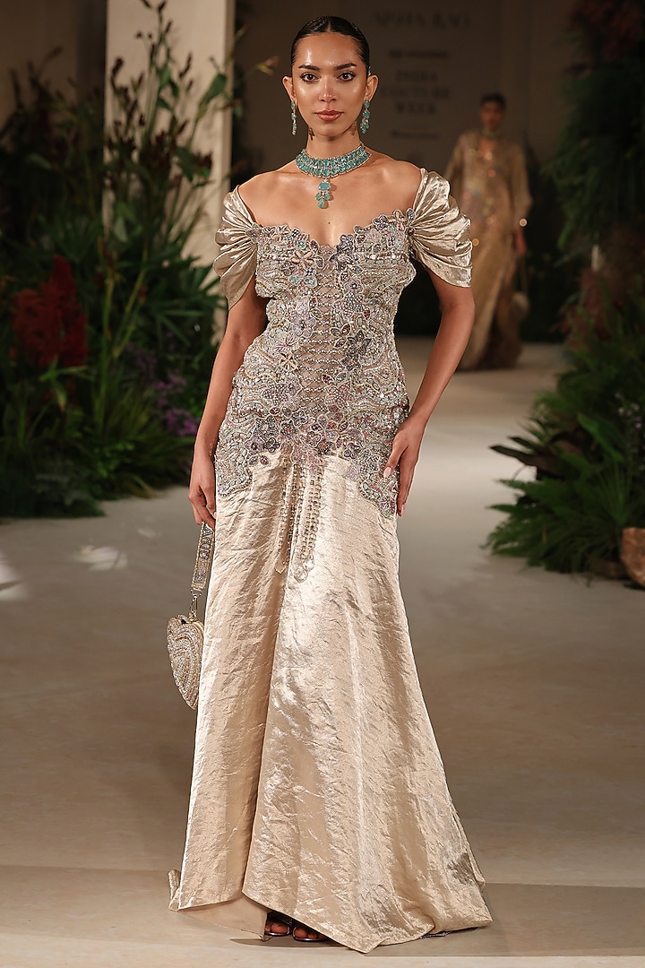 Light Gold Banarasi Tissue Brocade Applique Embellished Bridal Gown by Aisha Rao at Pernia's Pop Up Shop