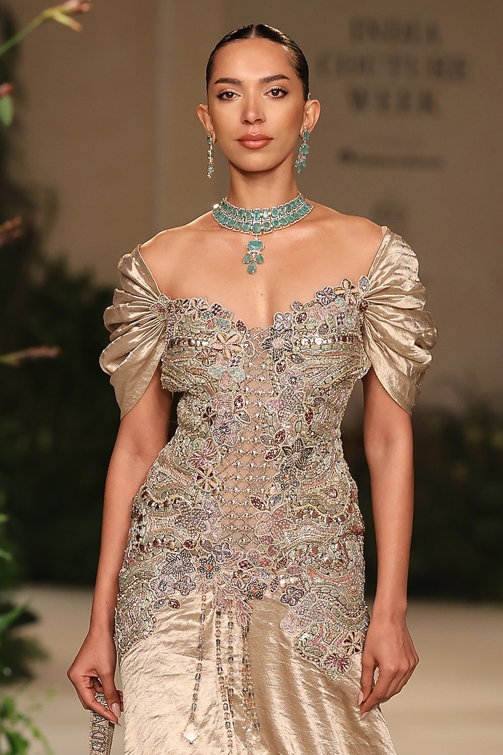 Light Gold Banarasi Tissue Brocade Applique Embellished Bridal Gown by Aisha Rao at Pernia's Pop Up Shop