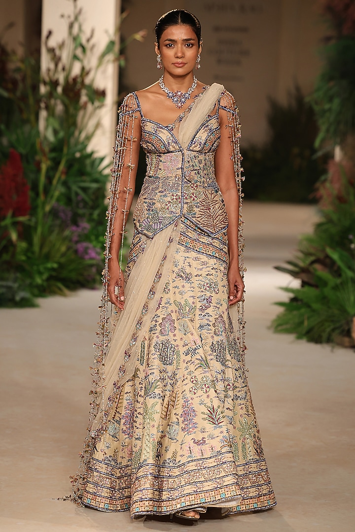 Sandstone Raw Silk Applique Embellished Bridal Lehenga Set by Aisha Rao at Pernia's Pop Up Shop