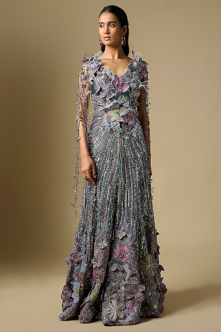 Matilda Gunmetal Organza 3D Floral Embellished Bridal Gown by Aisha Rao at Pernia's Pop Up Shop