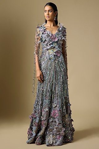 Matilda Gunmetal Organza 3D Floral Embellished Gown by Aisha Rao