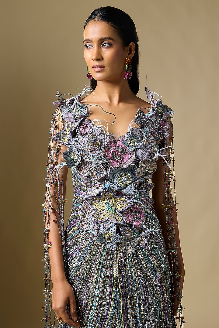 Matilda Gunmetal Organza 3D Floral Embellished Bridal Gown by Aisha Rao at Pernia's Pop Up Shop