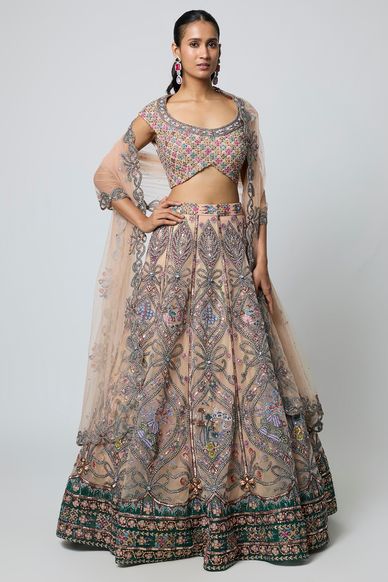 Aisha Rao Cantaloupe Colored Tulle Embellished Lehenga Set