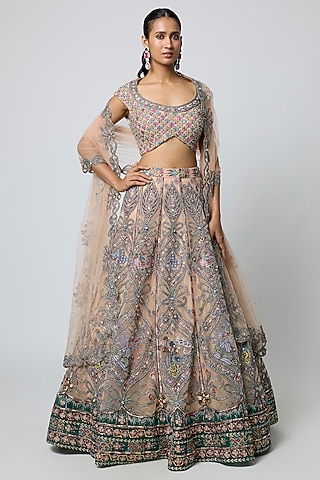 Cantaloupe Colored Tulle Embellished Lehenga Set by Aisha Rao