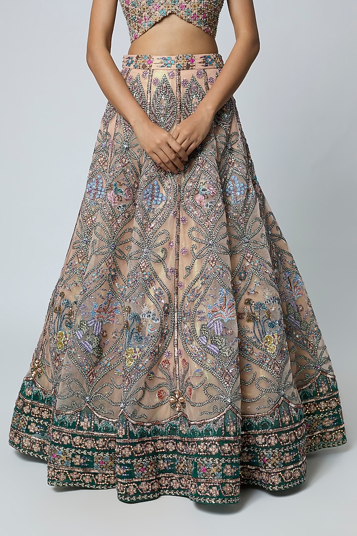 Cantaloupe Colored Tulle Embellished Bridal Lehenga Set by Aisha Rao at Pernia's Pop Up Shop
