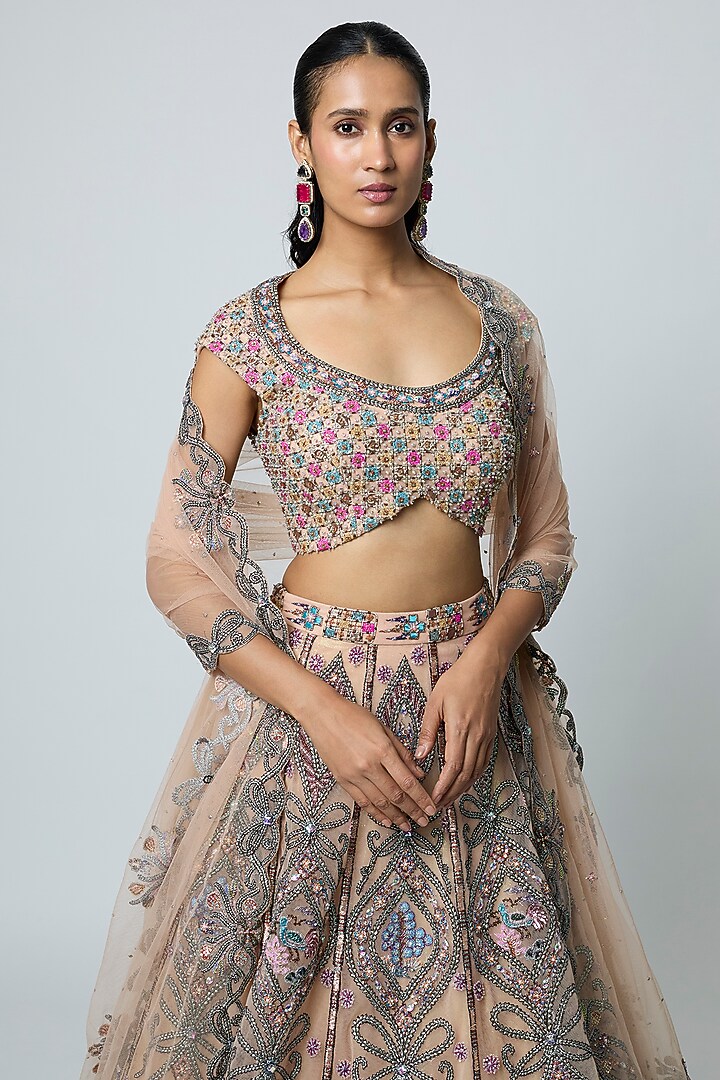 Cantaloupe Colored Tulle Embellished Bridal Lehenga Set by Aisha Rao at Pernia's Pop Up Shop