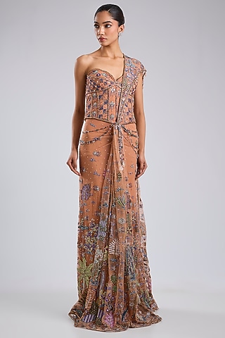 Cantaloupe Tulle Applique Embellished Draped Saree by Aisha Rao