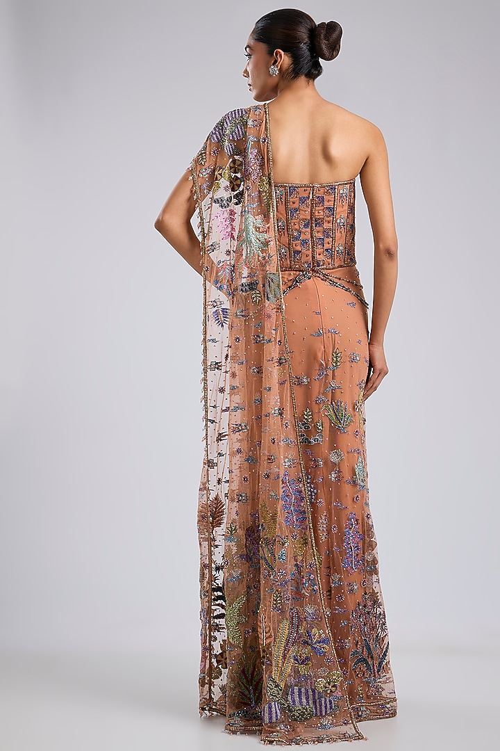 Cantaloupe Tulle Applique Embellished Draped Bridal Saree by Aisha Rao at Pernia's Pop Up Shop