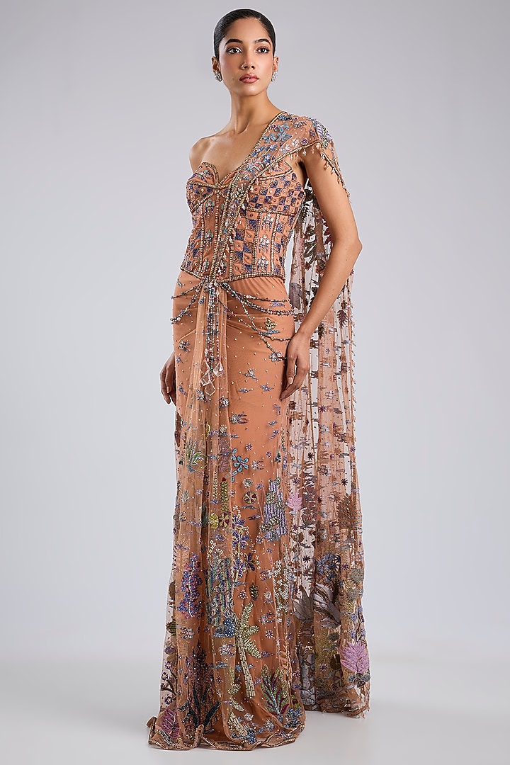 Cantaloupe Tulle Applique Embellished Draped Bridal Saree by Aisha Rao at Pernia's Pop Up Shop