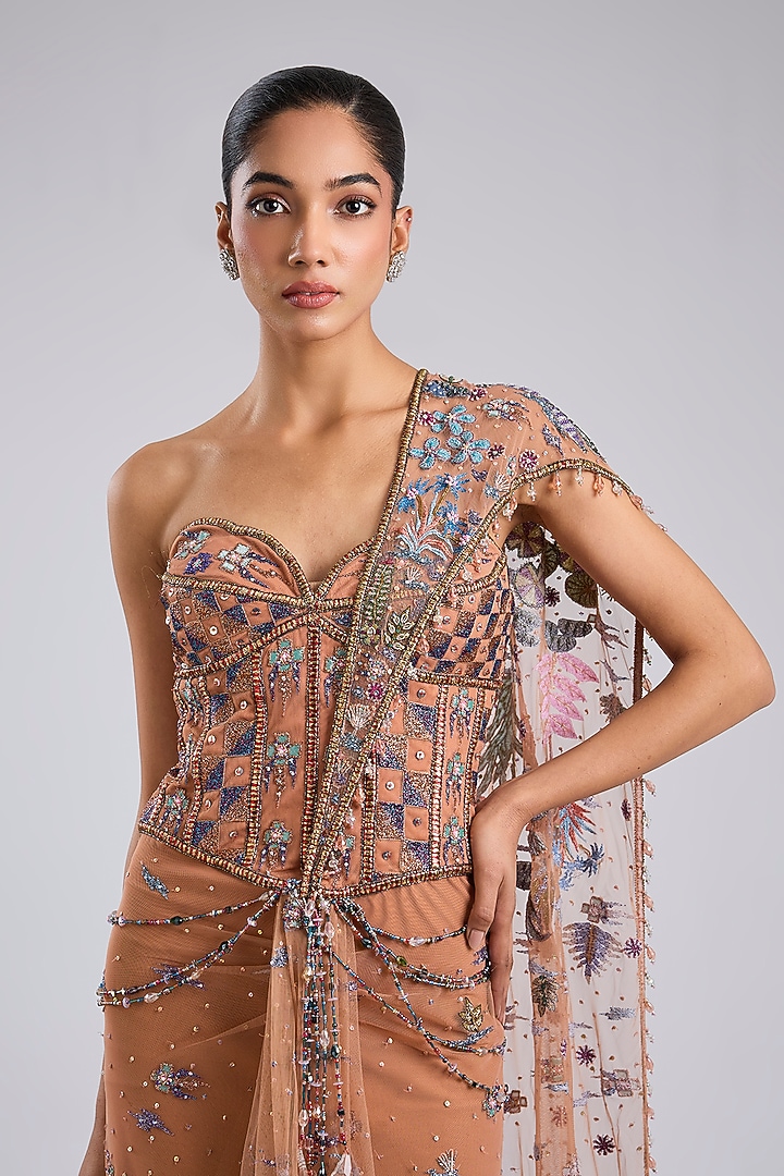 Cantaloupe Tulle Applique Embellished Draped Bridal Saree by Aisha Rao at Pernia's Pop Up Shop