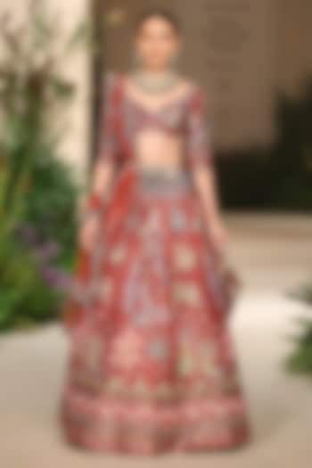 Rust Raw Silk & Tulle Applique Embellished Bridal Lehenga Set by Aisha Rao at Pernia's Pop Up Shop