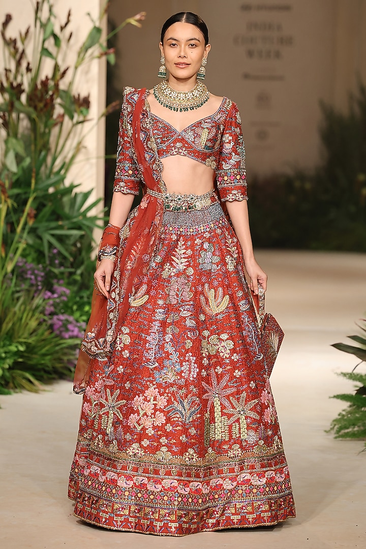 Rust Raw Silk & Tulle Applique Embellished Bridal Lehenga Set by Aisha Rao at Pernia's Pop Up Shop