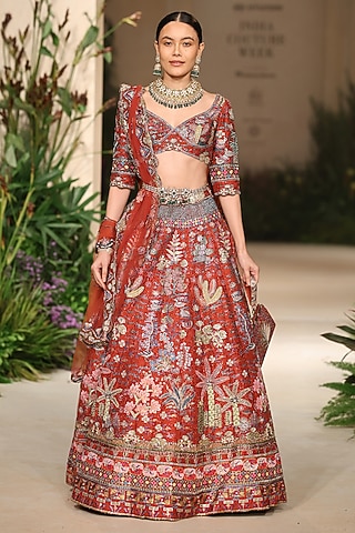 Rust Raw Silk & Tulle Applique Embellished Lehenga Set by Aisha Rao