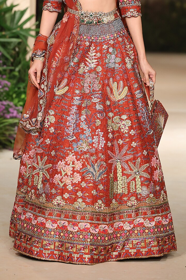 Rust Raw Silk & Tulle Applique Embellished Bridal Lehenga Set by Aisha Rao at Pernia's Pop Up Shop