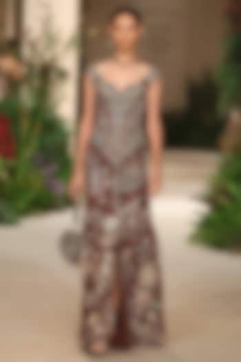 Teakberry Tulle Applique Embellished Off-Shoulder Bridal Gown by Aisha Rao at Pernia's Pop Up Shop