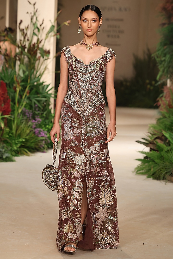 Teakberry Tulle Applique Embellished Off-Shoulder Bridal Gown by Aisha Rao at Pernia's Pop Up Shop