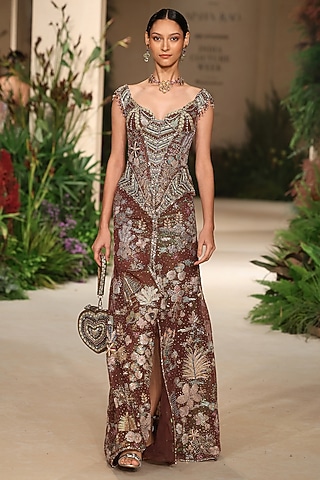 Teakberry Tulle Applique Embellished Off-Shoulder Gown by Aisha Rao