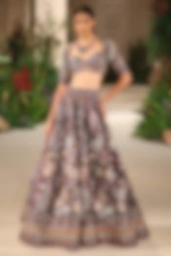 Teakberry Raw Silk & Tulle Applique Embellished Bridal Lehenga Set by Aisha Rao at Pernia's Pop Up Shop