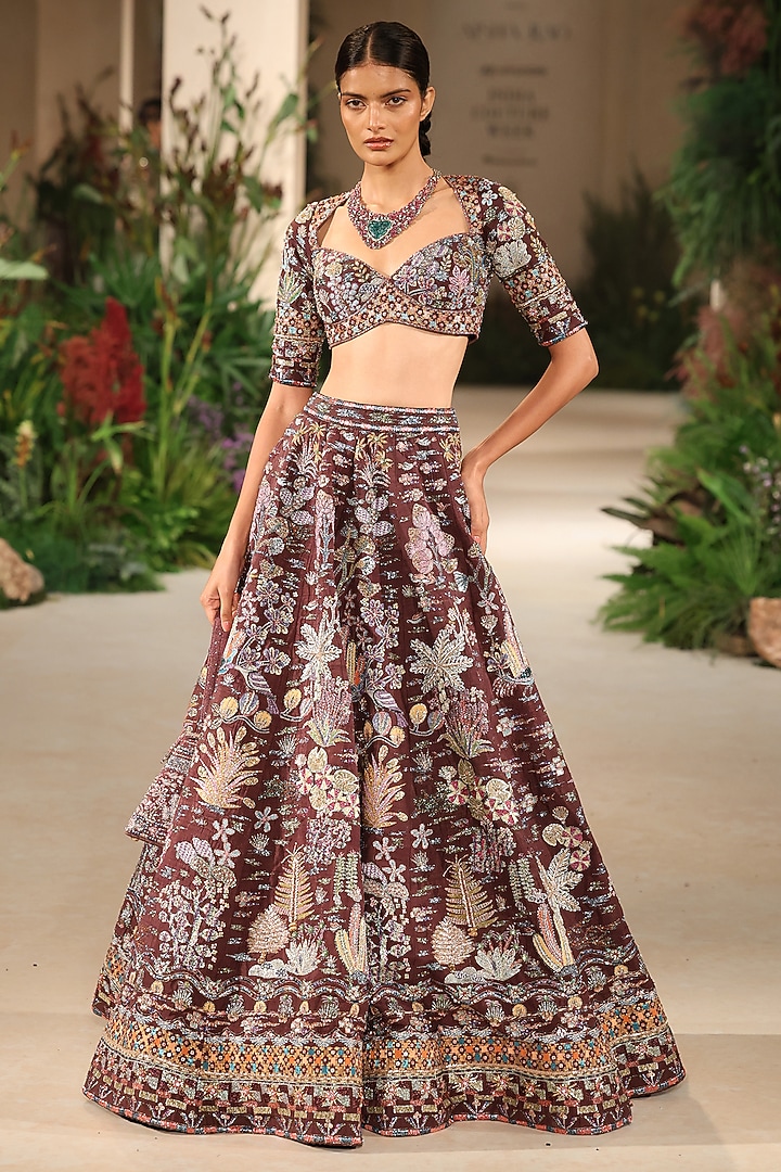 Teakberry Raw Silk & Tulle Applique Embellished Bridal Lehenga Set by Aisha Rao at Pernia's Pop Up Shop