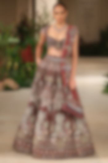 Teakberry Tulle Applique Embellished Bridal Lehenga Set by Aisha Rao at Pernia's Pop Up Shop