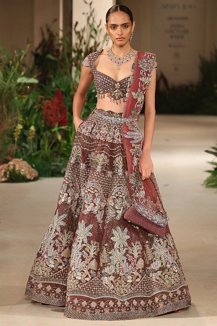 Teakberry Tulle Applique Embellished Bridal Lehenga Set by Aisha Rao at Pernia's Pop Up Shop