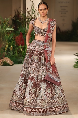 Teakberry Tulle Applique Embellished Lehenga Set by Aisha Rao