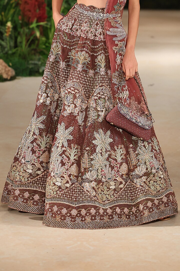 Teakberry Tulle Applique Embellished Bridal Lehenga Set by Aisha Rao at Pernia's Pop Up Shop