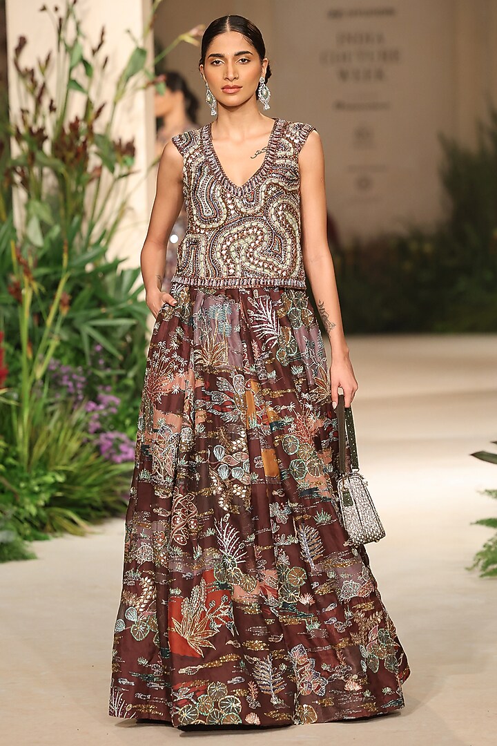 Teakberry Organza Applique Embellished Bridal Lehenga Set by Aisha Rao at Pernia's Pop Up Shop