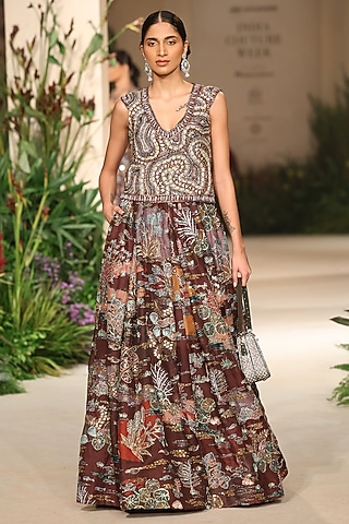 Teakberry Organza Applique Embellished Lehenga Set by Aisha Rao