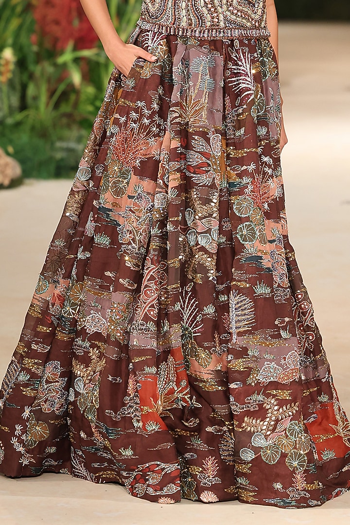 Teakberry Organza Applique Embellished Bridal Lehenga Set by Aisha Rao at Pernia's Pop Up Shop