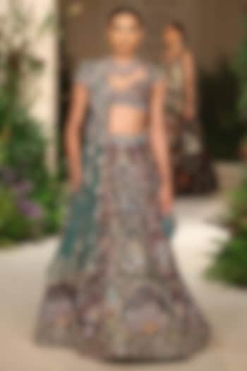 Teakberry & Gunmetal Tulle Applique Embellished Bridal Lehenga Set by Aisha Rao at Pernia's Pop Up Shop